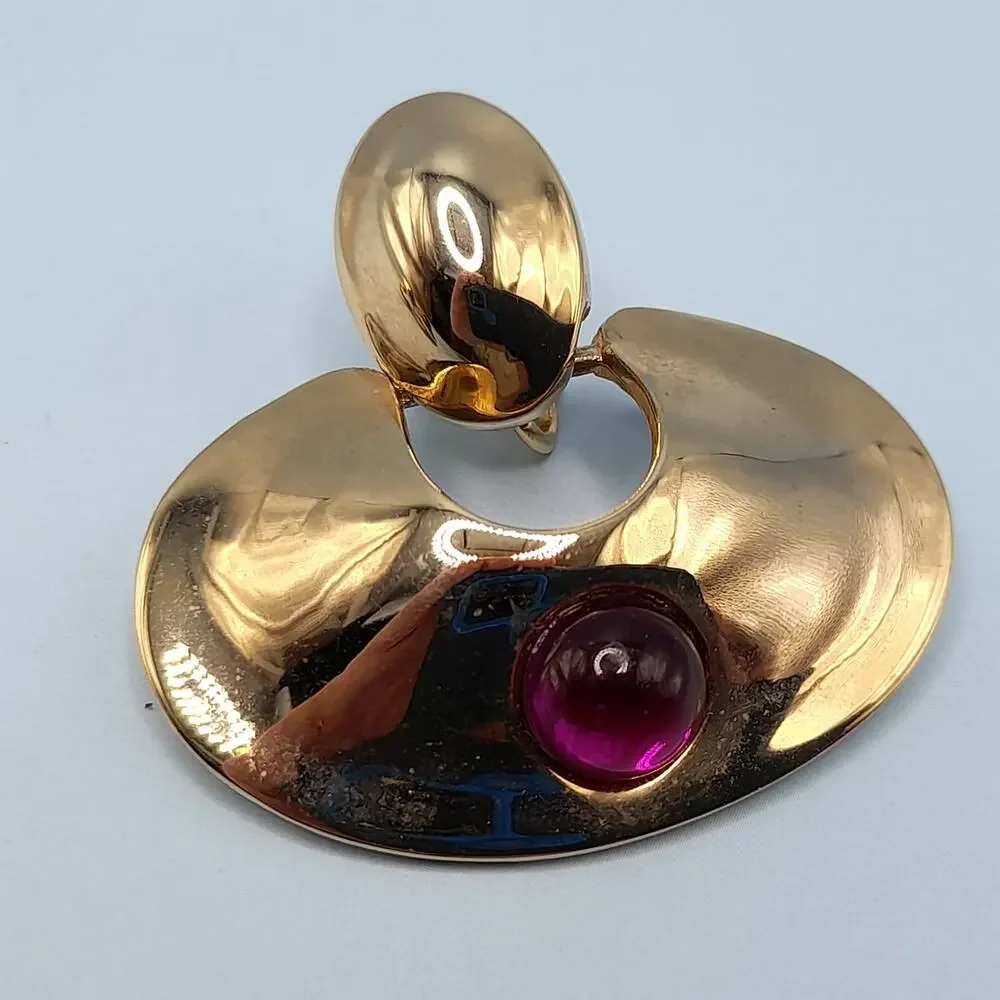 Vintage Chunky Dangle Clip Earrings, Purple Cabochons, Gold Tone, 1980s